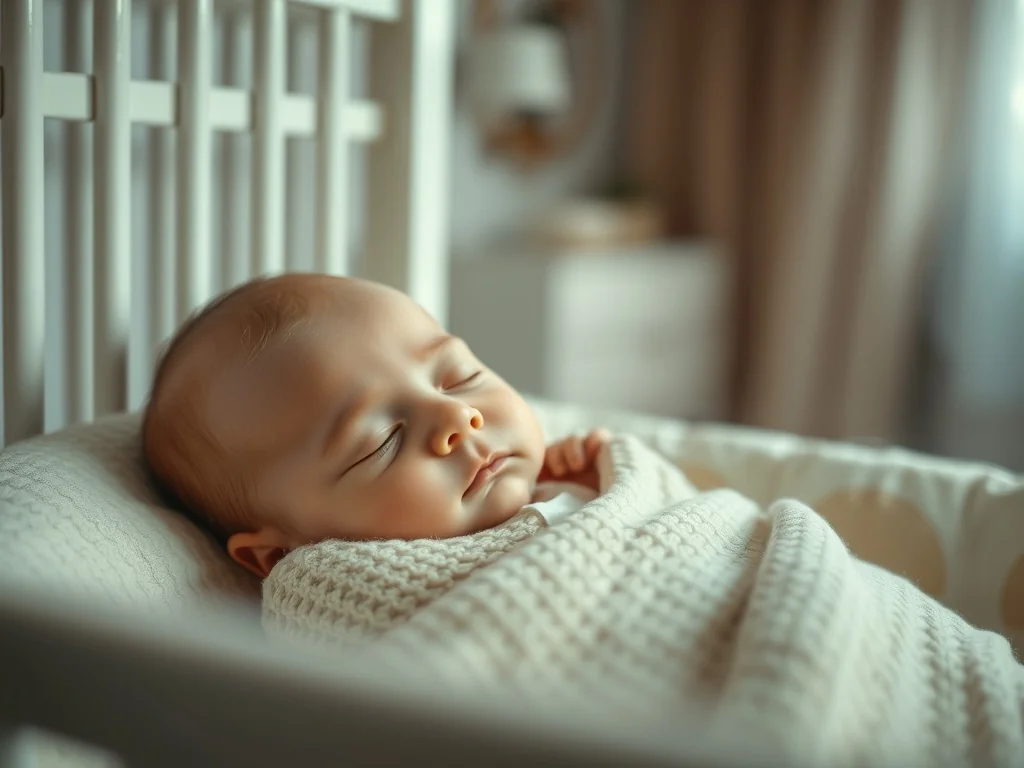 Sześciomiesięczne niemowlę spokojnie śpiące w przytulnym łóżeczku, otulone miękkim kocykiem w jasnym pokoju.