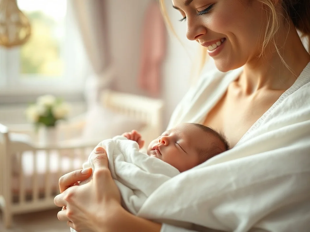 Uśmiechnięta mama delikatnie otula noworodka w miękki, biały rożek w przytulnym, słonecznym pokoju dziecięcym.