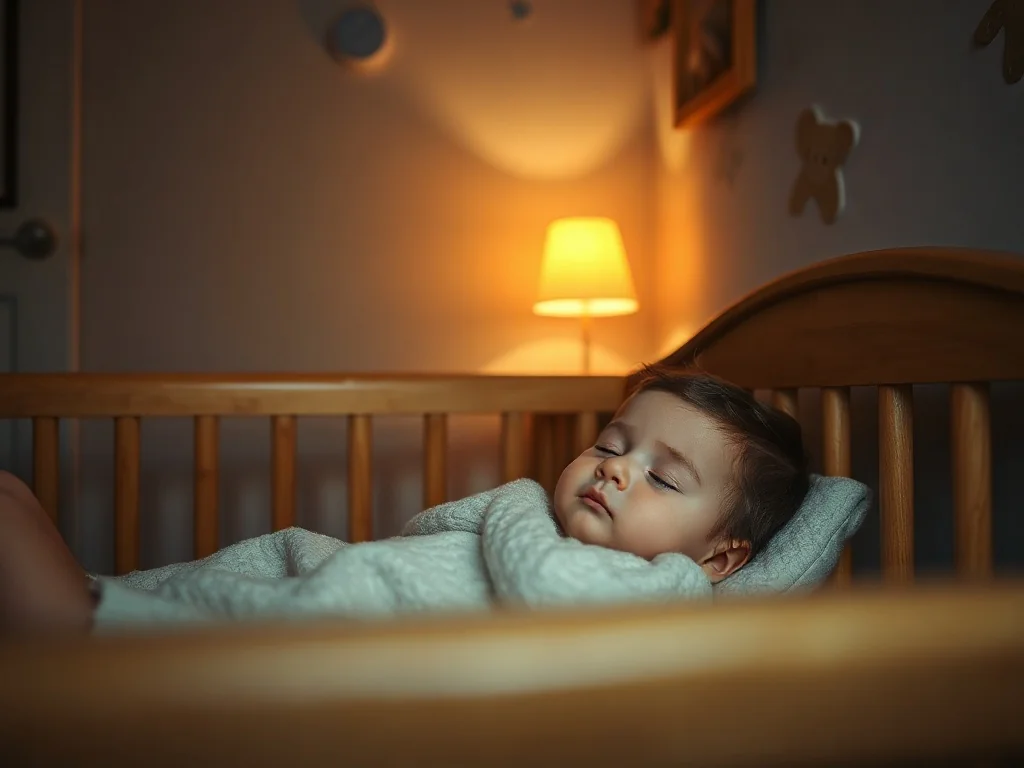 Spokojne dziecko śpiące w przytulnym łóżeczku w zaciemnionym pokoju z delikatnym oświetleniem nocnym.
