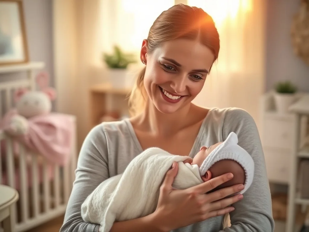 Uśmiechnięta kobieta czule trzyma w ramionach noworodka owiniętego w biały kocyk w przytulnym, słonecznym pokoju.