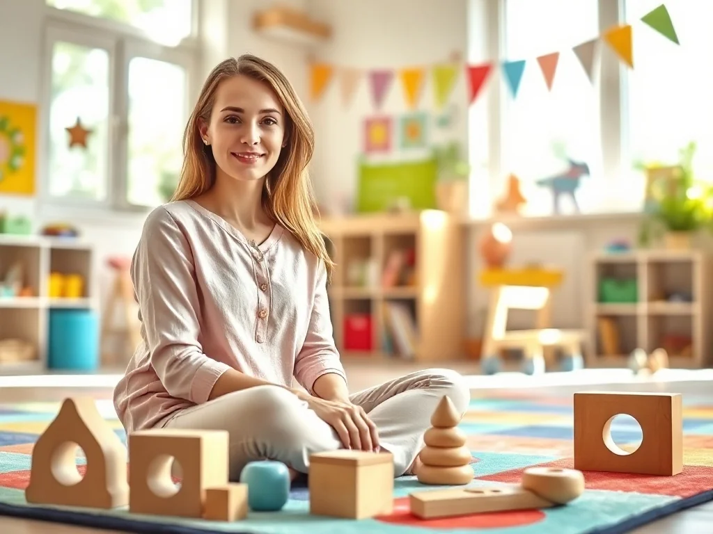 Nauczycielka siedząca na dywanie w nowoczesnej sali przedszkolnej wśród zabawek edukacyjnych.