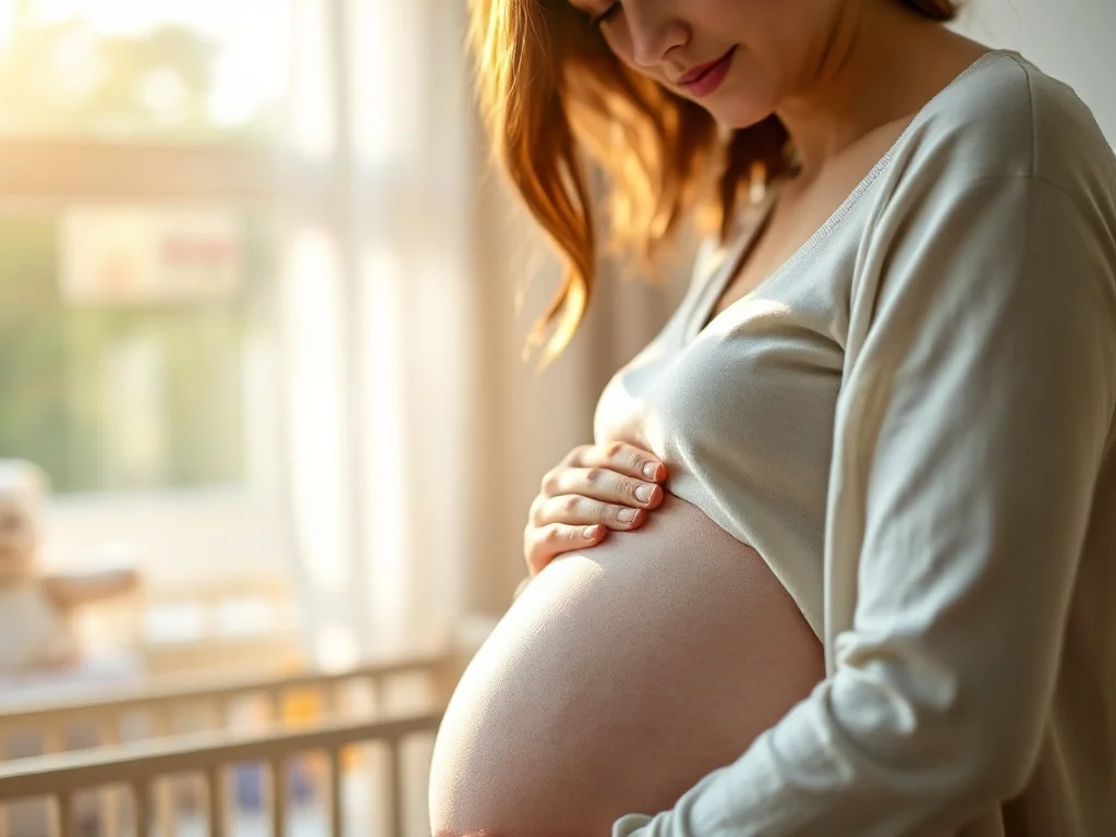 Ciężarna kobieta czule trzymająca dłonie na swoim brzuchu w przytulnym pokoju dziecięcym.