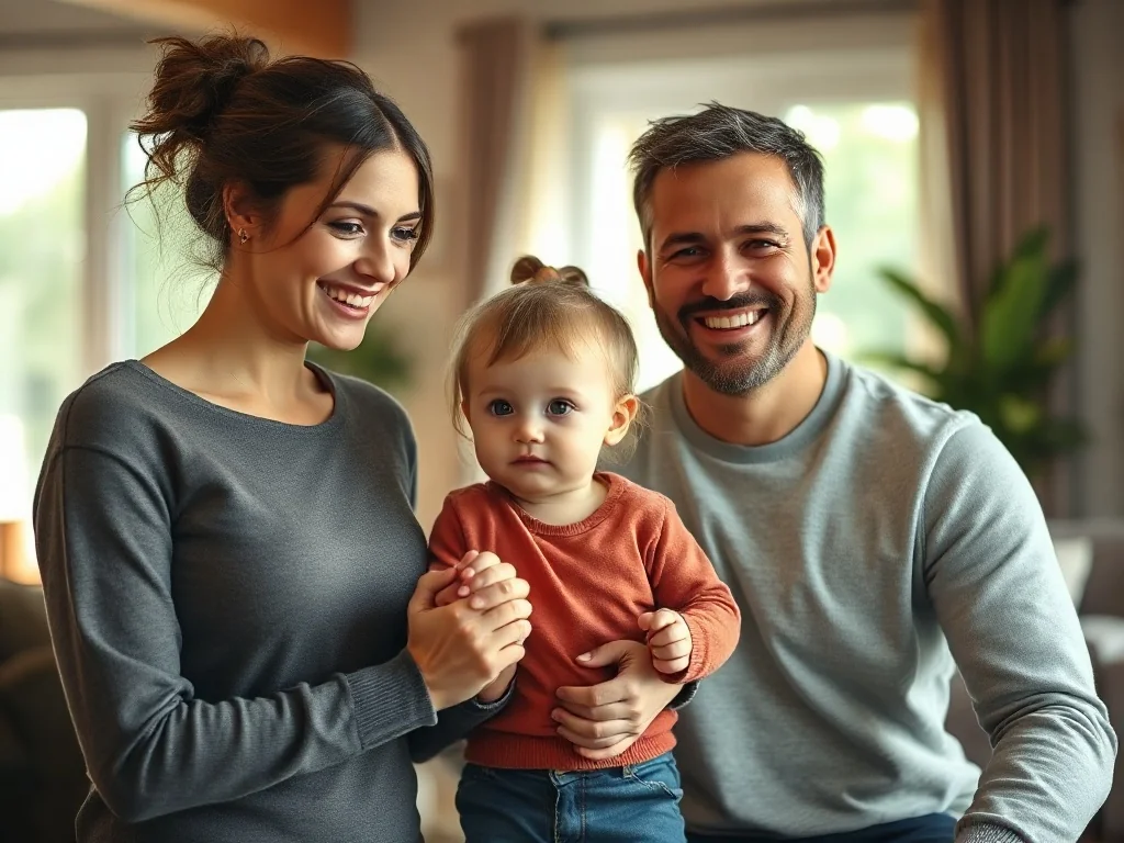 Uśmiechnięta para trzymająca za ręce małe dziecko w przytulnym, słonecznym salonie, symbolizująca szczęśliwą rodzinę adopcyjną.