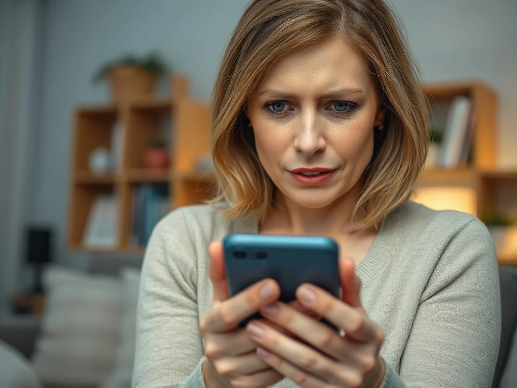 Zatroskana matka przeglądająca ustawienia w smartfonie, kontrolująca aktywność dziecka w internecie.