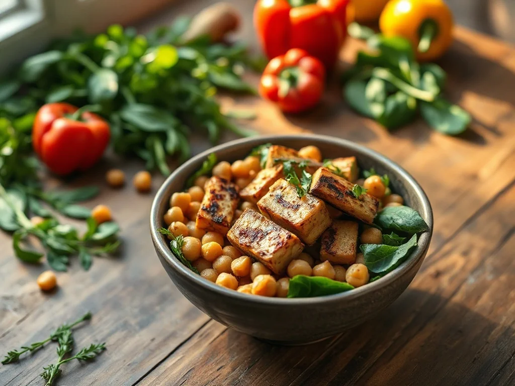 Kolorowa miska z ciecierzycą, grillowanym tofu i pieczonymi warzywami jako propozycja sycącego dania bezmięsnego.